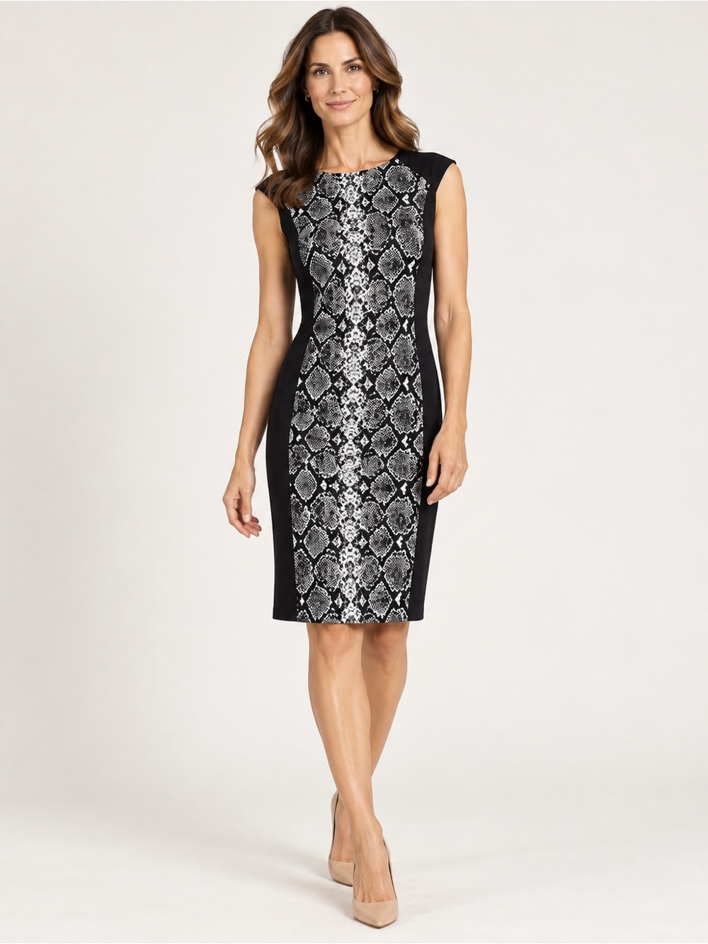 Joseph Ribkoff Black White Snake Print Midi Sheath Shift Dress Size 10